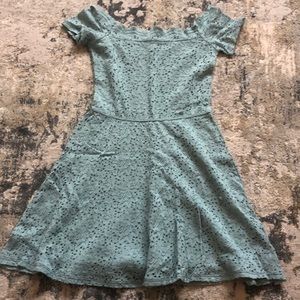 teal off the shoulder lace dress.